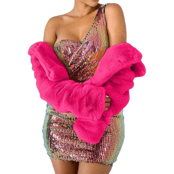 Women's Winter Faux Fur Long Sleeve Jacket Shaggy Open Front Cardigan Deep Pink - Picture 4 of 7